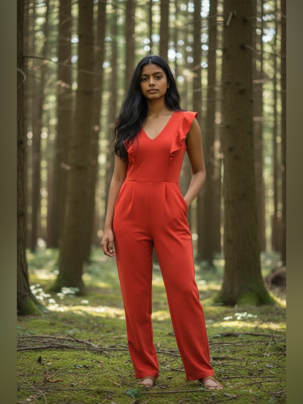 FRAICHE By J V-Neck Ruffle Sleeve Jumpsuit in Red with Pockets Chic Party Outfit